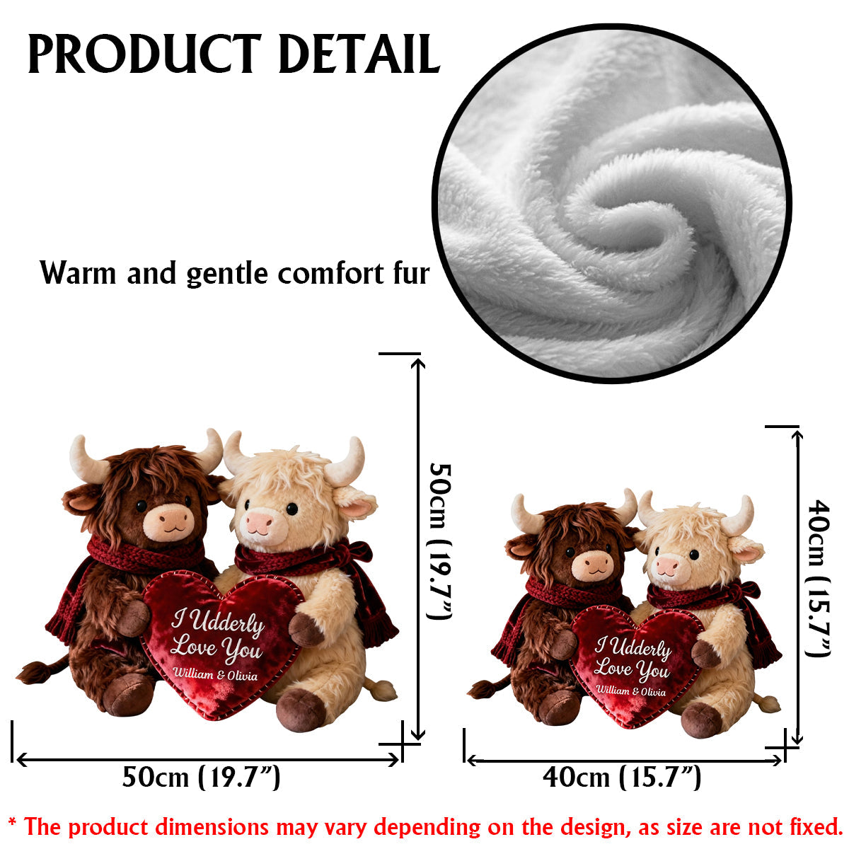 Romantic Plush Cows Holding Heart - Personalized Highland Cow Faux Fur Shaped Pillow