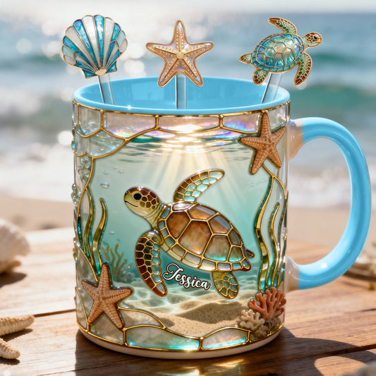 Ensemble tasse et agitateurs en acrylique Love Turtle - Mug personnalisé avec motif tortue