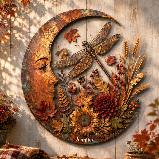 Art mural en métal Automne Lune et Libellule - Plaque en métal personnalisée
