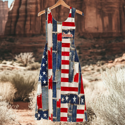 Retro-Kleid mit amerikanischer Flagge, floralem Denim-Motiv – personalisiertes ärmelloses Kleid zum Unabhängigkeitstag/4. Juli