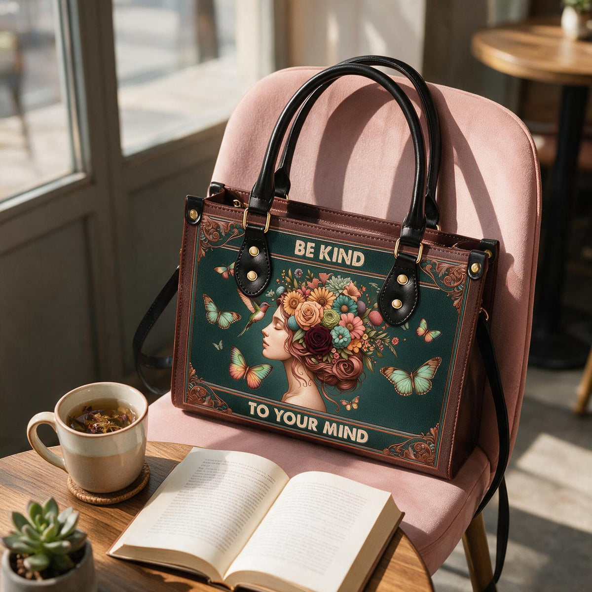 Personalized Be Kind Floral Art Leather Handbag, Mental Health Gift