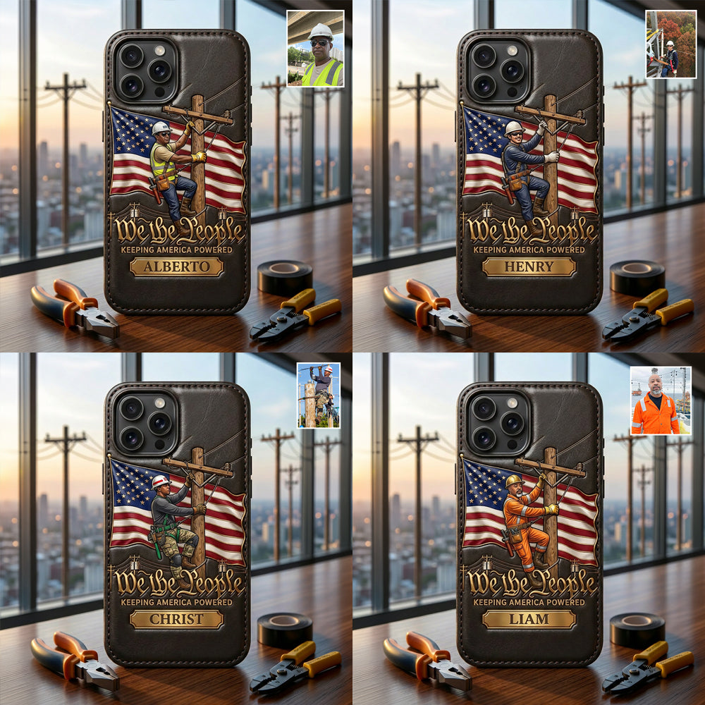 We The People - Personalized Lineman 3D Embossed Leather Phone Case