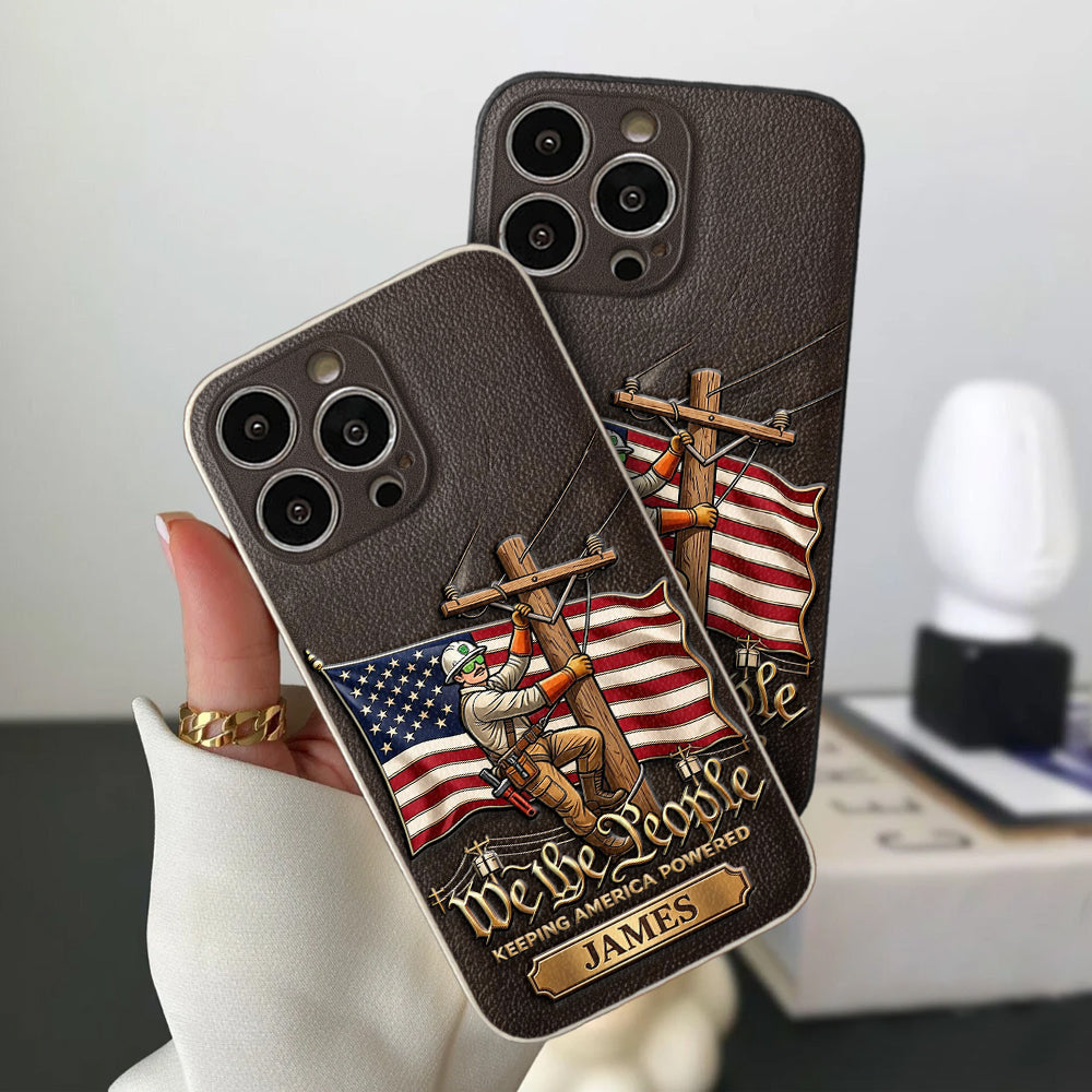 We The People - Personalized Lineman 3D Embossed Leather Phone Case