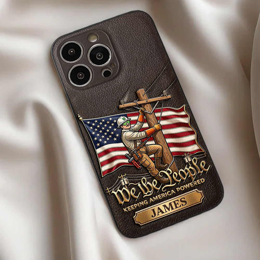 We The People - Personalized Lineman 3D Embossed Leather Phone Case