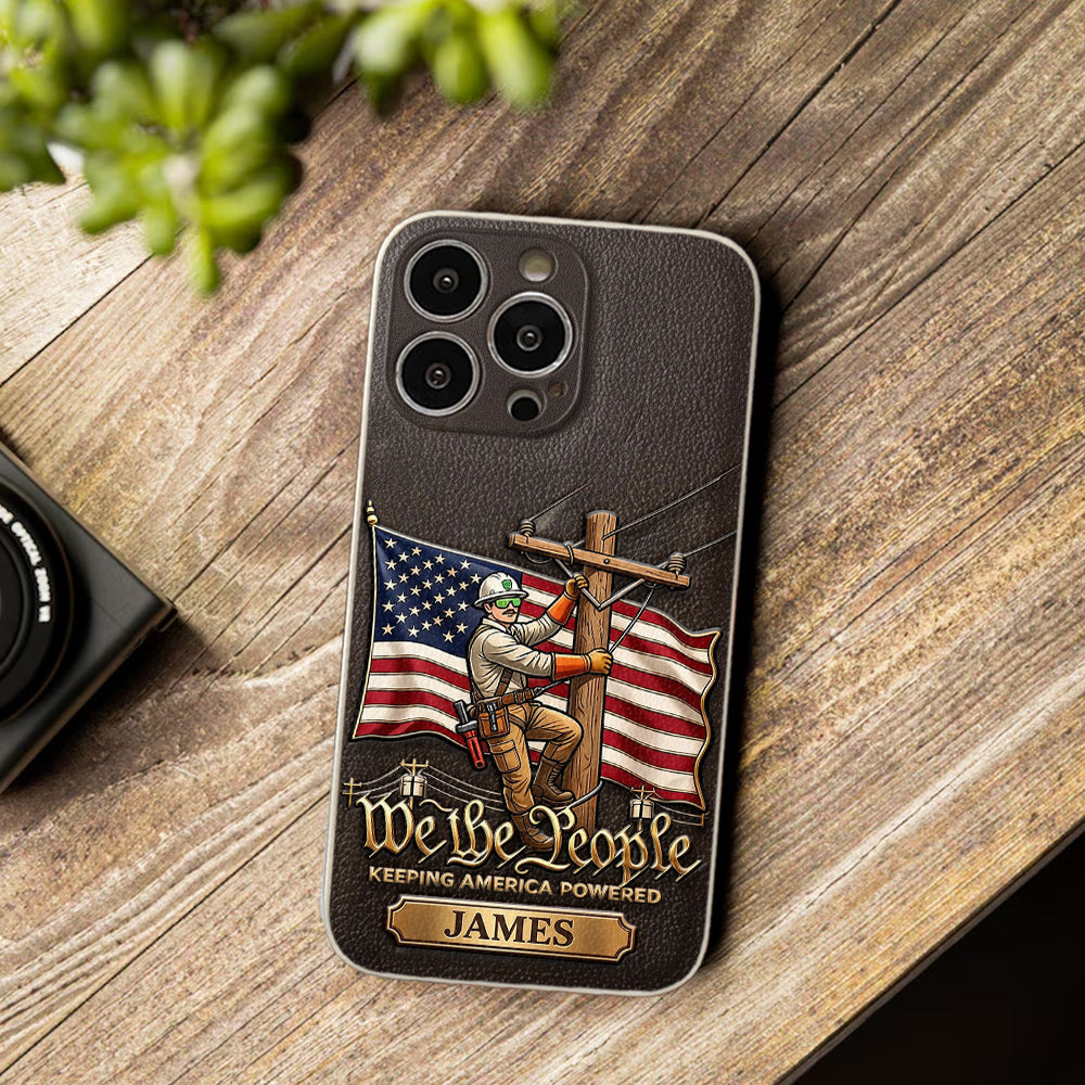 We The People - Personalized Lineman 3D Embossed Leather Phone Case
