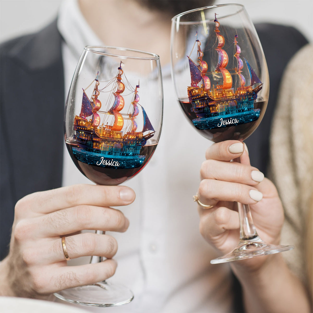 Nuit magique - Verre à vin personnalisé sur le thème de la navigation de plaisance avec longue tige