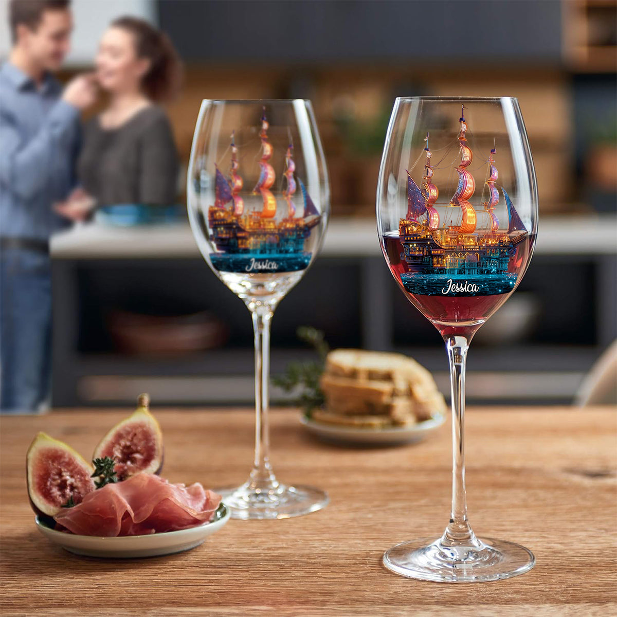 Nuit magique - Verre à vin personnalisé sur le thème de la navigation de plaisance avec longue tige