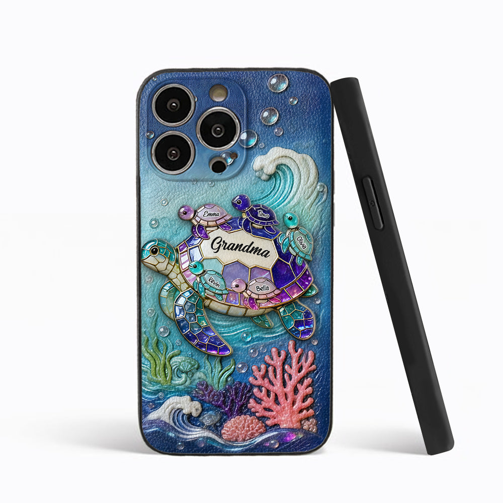 Grandma Turtle - Personalized Turtle 3D Embossed Leather Phone Case