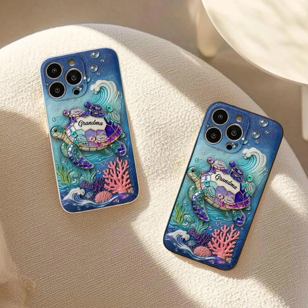 Grandma Turtle - Personalized Turtle 3D Embossed Leather Phone Case