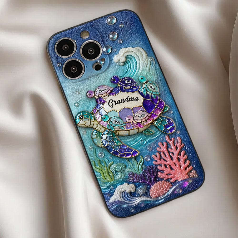 Grandma Turtle - Personalized Turtle 3D Embossed Leather Phone Case