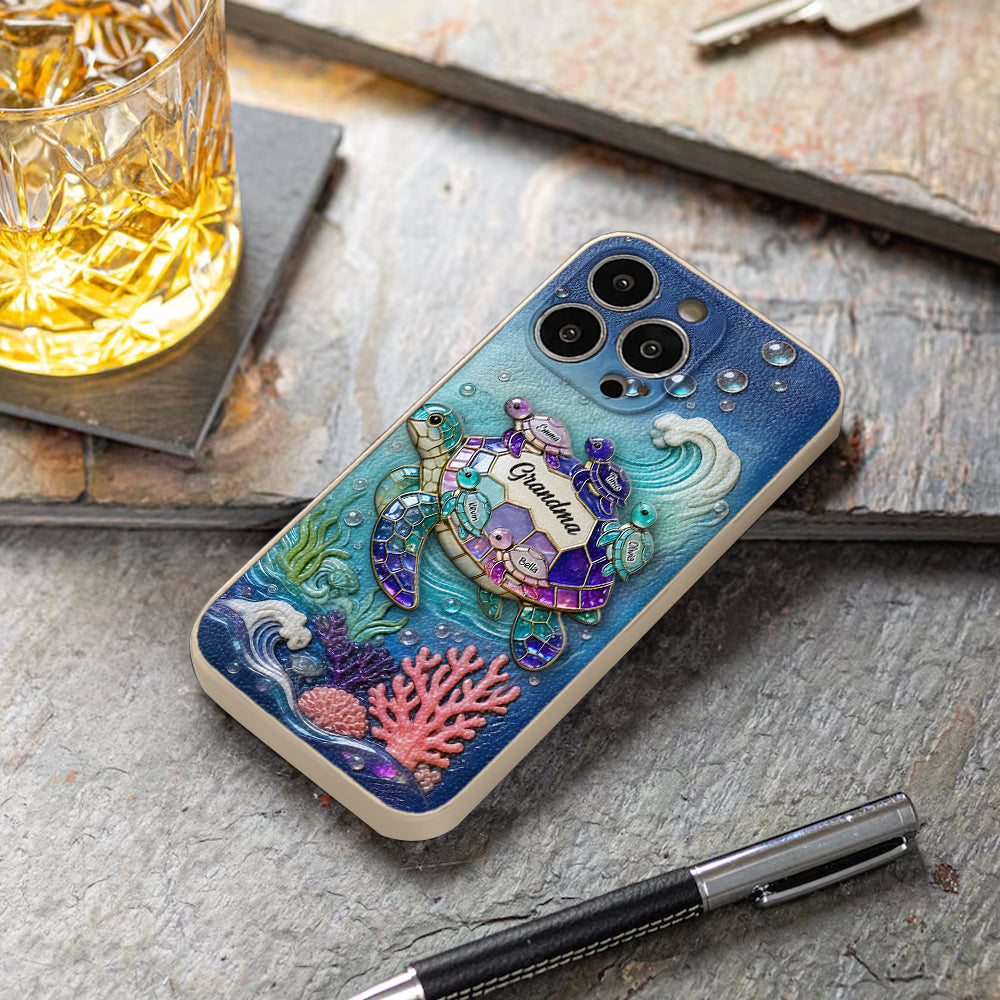 Grandma Turtle - Personalized Turtle 3D Embossed Leather Phone Case