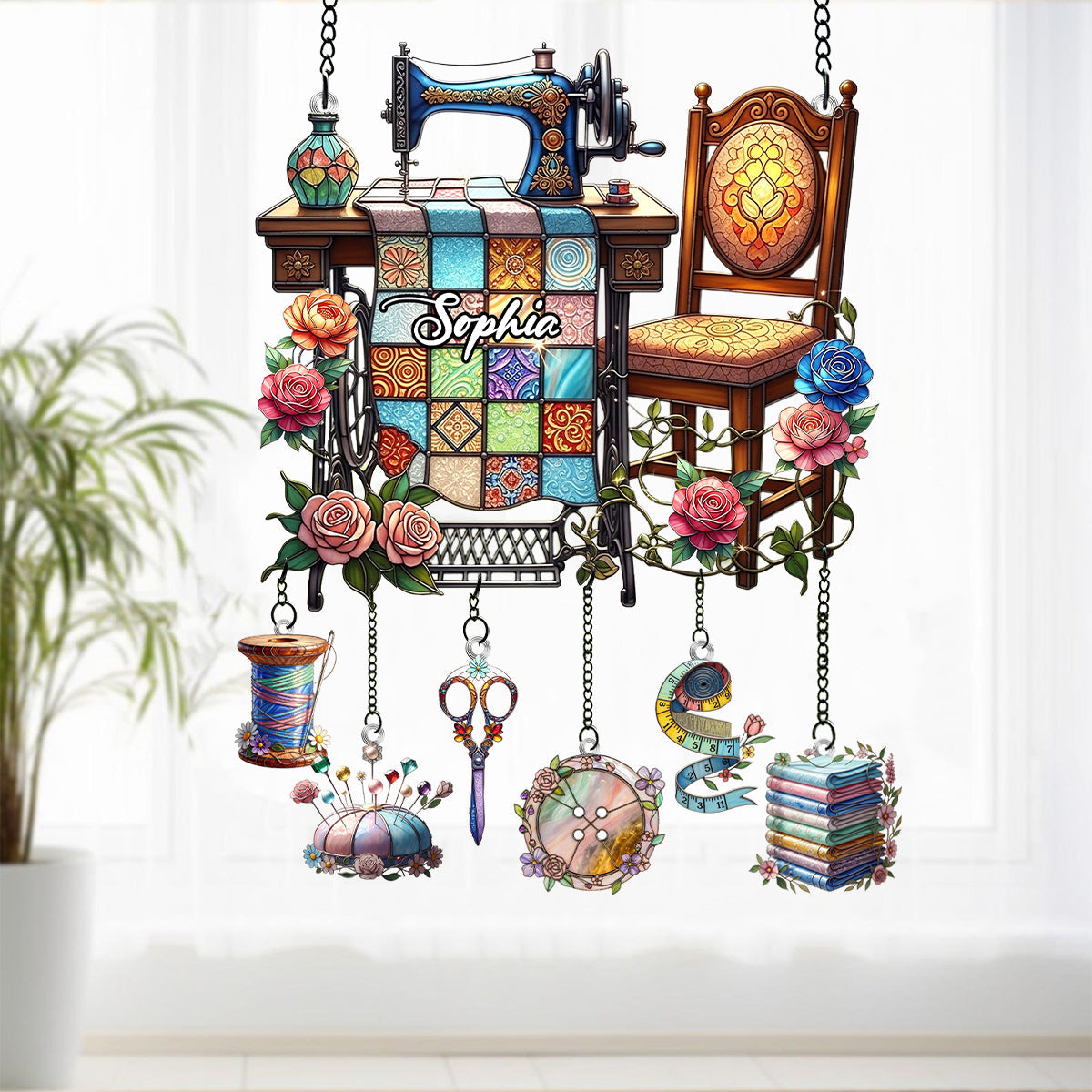 Love Sewing - Personalized Sewing Window Hanging Suncatcher With Charms