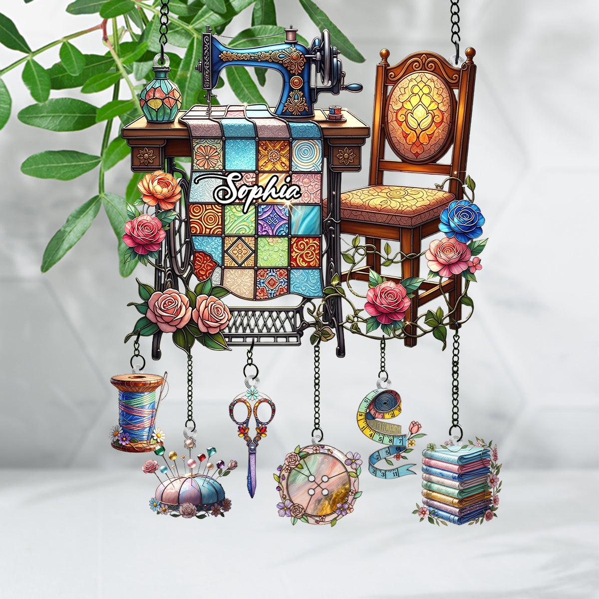 Love Sewing - Personalized Sewing Window Hanging Suncatcher With Charms