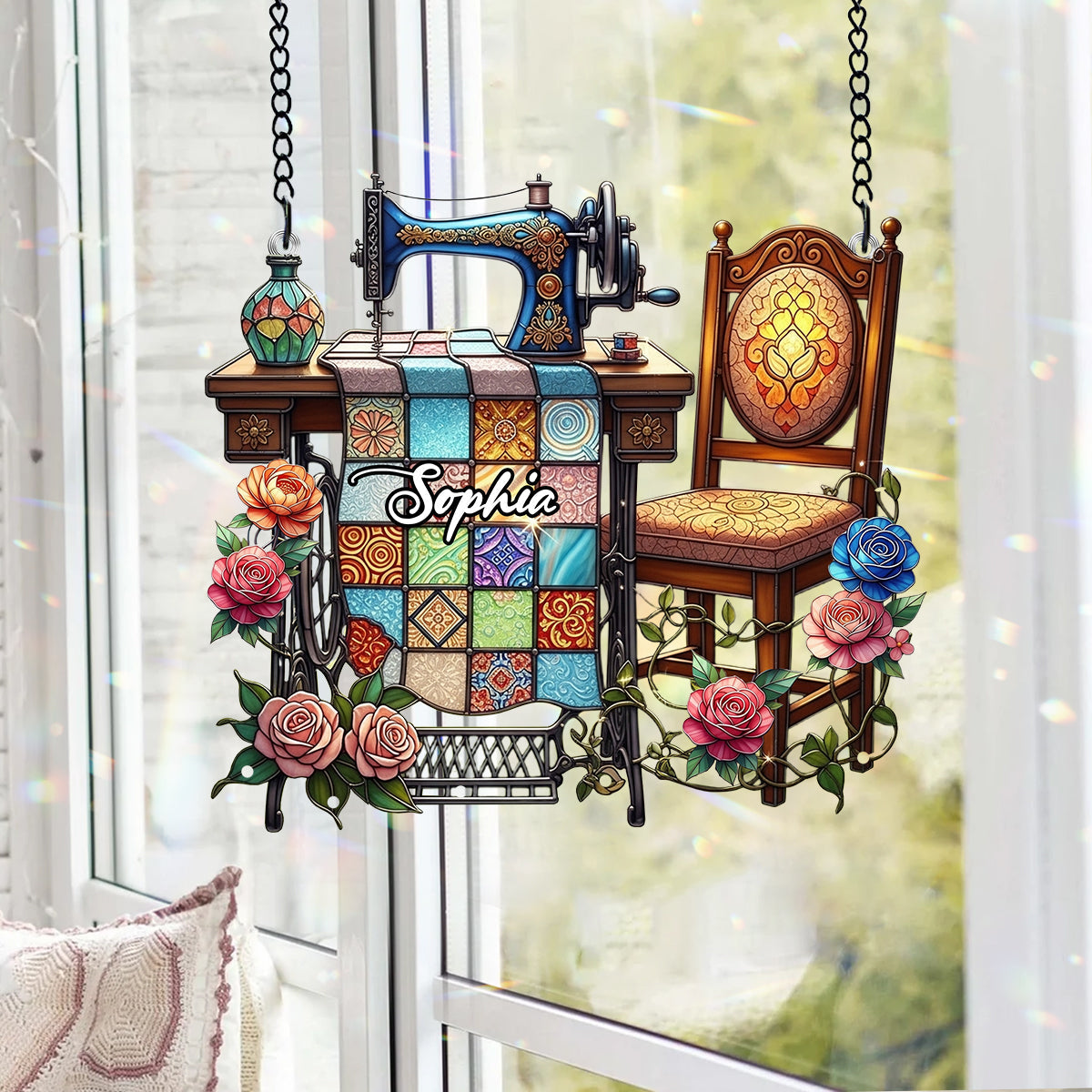Love Sewing - Personalized Sewing Window Hanging Suncatcher With Charms