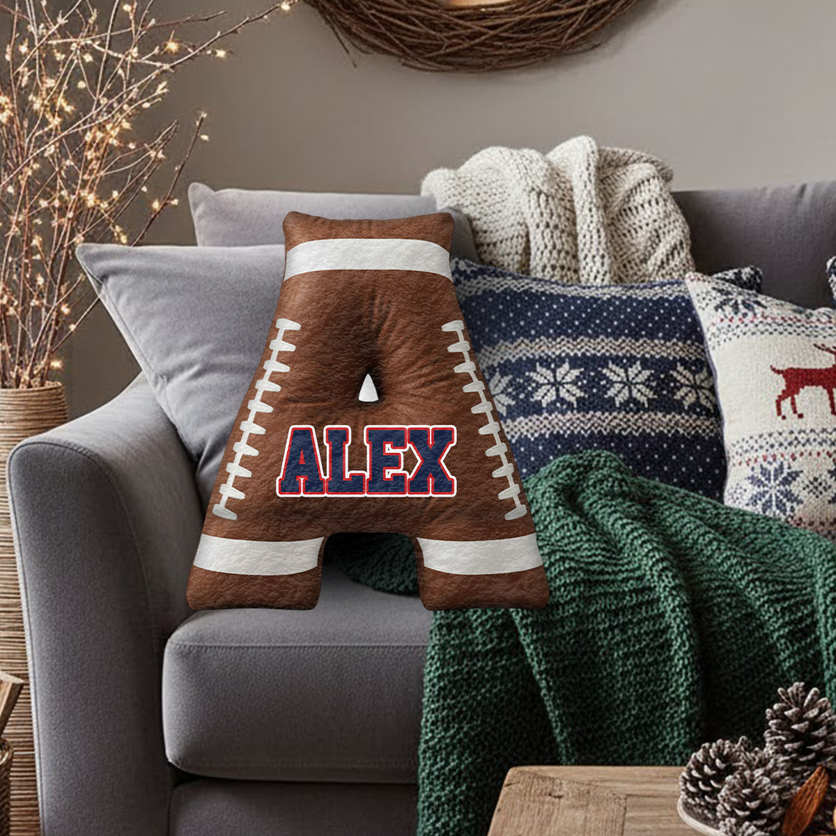 Football Initials Name Custom Alphabet - Personalized Football Faux Fur Shaped Pillow