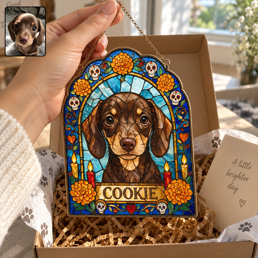 Dog Ofrenda Frame, Pet Memorial Día de Muertos - Personalized Dog 3D Printed Glass Suncatcher