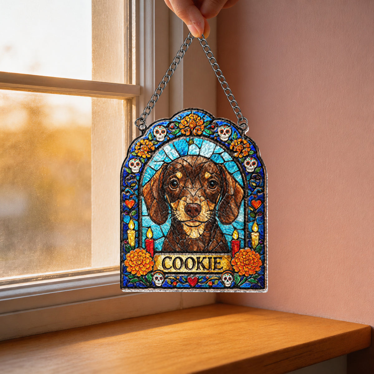 Dog Ofrenda Frame, Pet Memorial Día de Muertos - Personalized Dog 3D Printed Glass Suncatcher