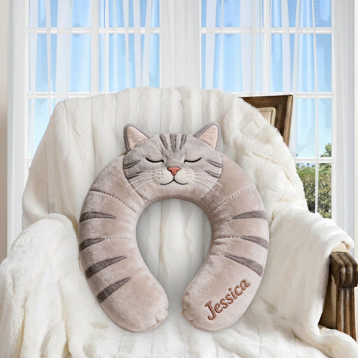 Oreiller de voyage mignon en forme d'animal - Oreiller personnalisé en fausse fourrure de qualité supérieure pour chat