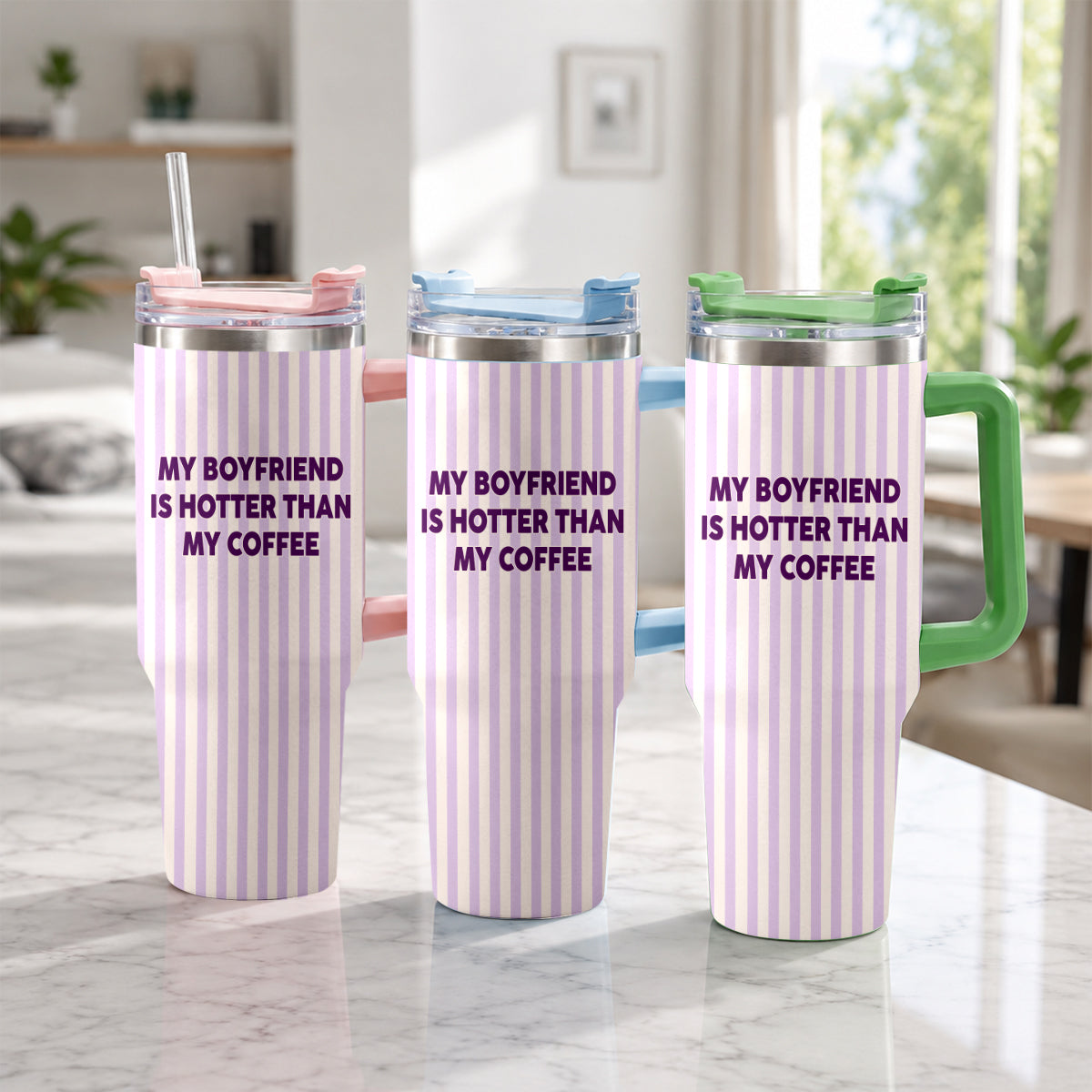 My Husband Boyfriend Is Hotter Than My Coffee Funny Doll - Personalized Couple Tumbler With Handle & Posable Doll