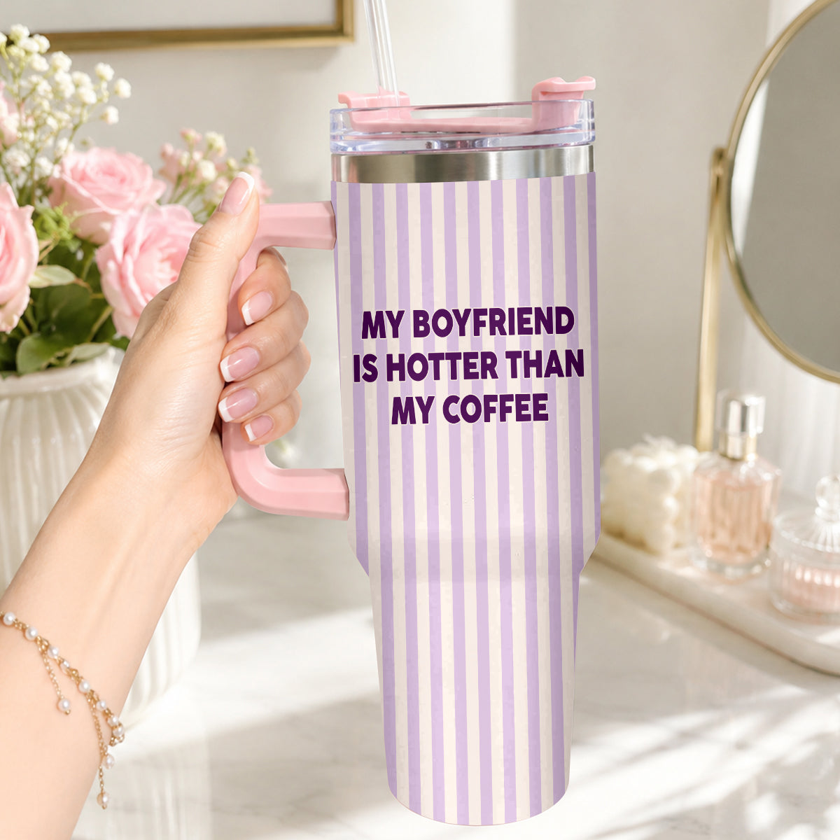 My Husband Boyfriend Is Hotter Than My Coffee Funny Doll - Personalized Couple Tumbler With Handle & Posable Doll