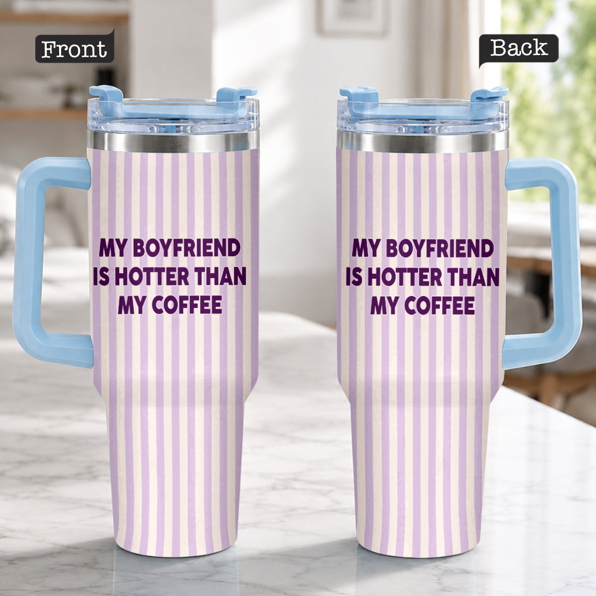 My Husband Boyfriend Is Hotter Than My Coffee Funny Doll - Personalized Couple Tumbler With Handle & Posable Doll