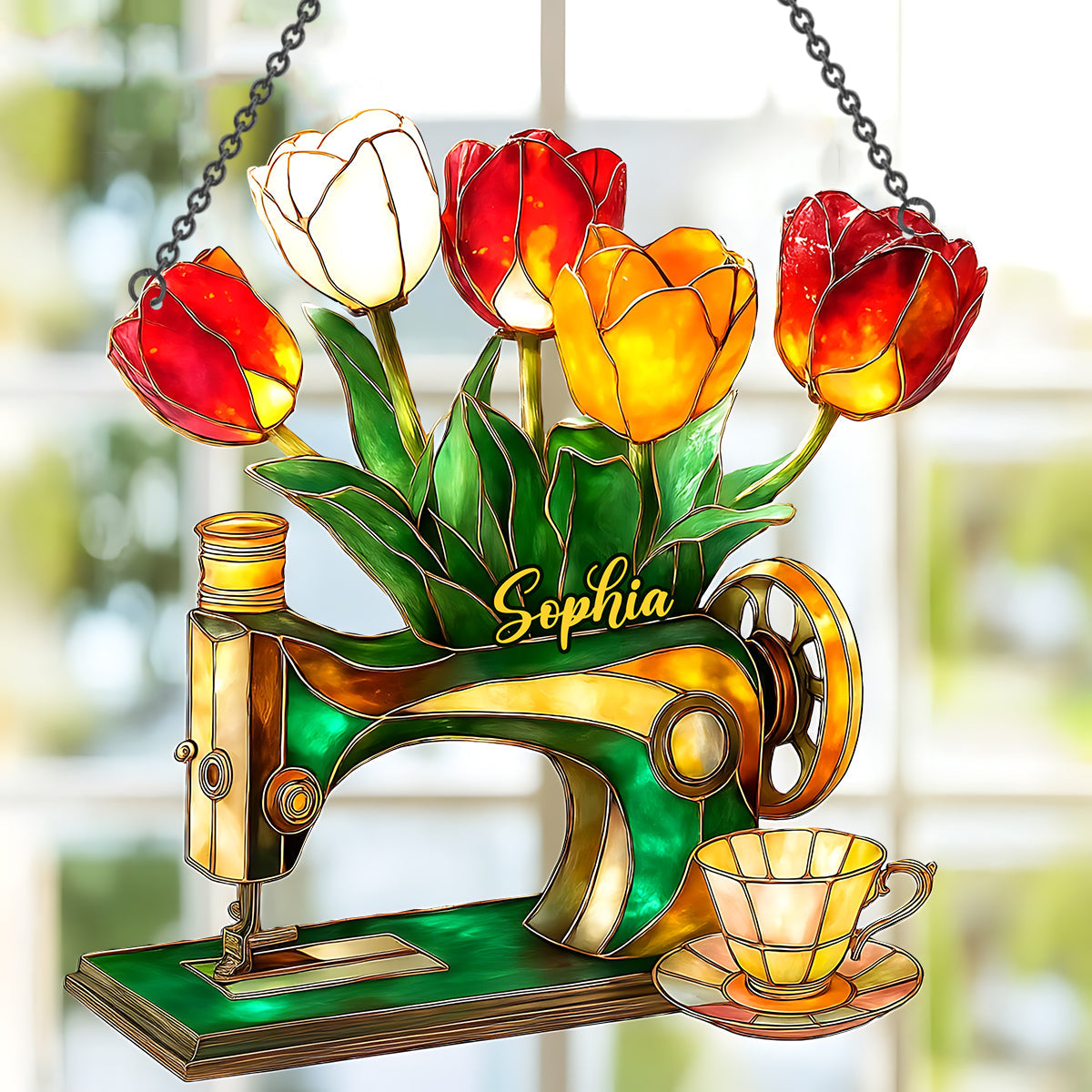 Tulip, Sewing, And Tea - Personalized Sewing Window Hanging Suncatcher Ornament
