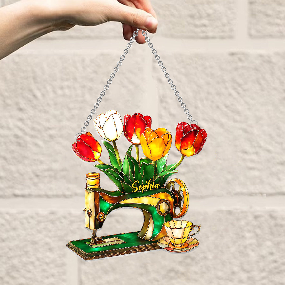 Tulip, Sewing, And Tea - Personalized Sewing Window Hanging Suncatcher Ornament