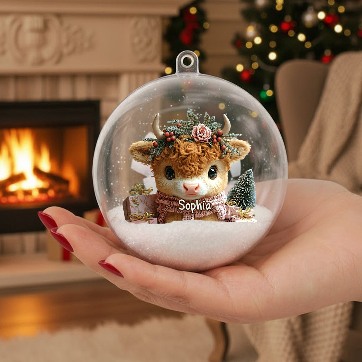 Highland Cow Christmas - Personalized Highland Cow Snow Globe Ornament With Bow