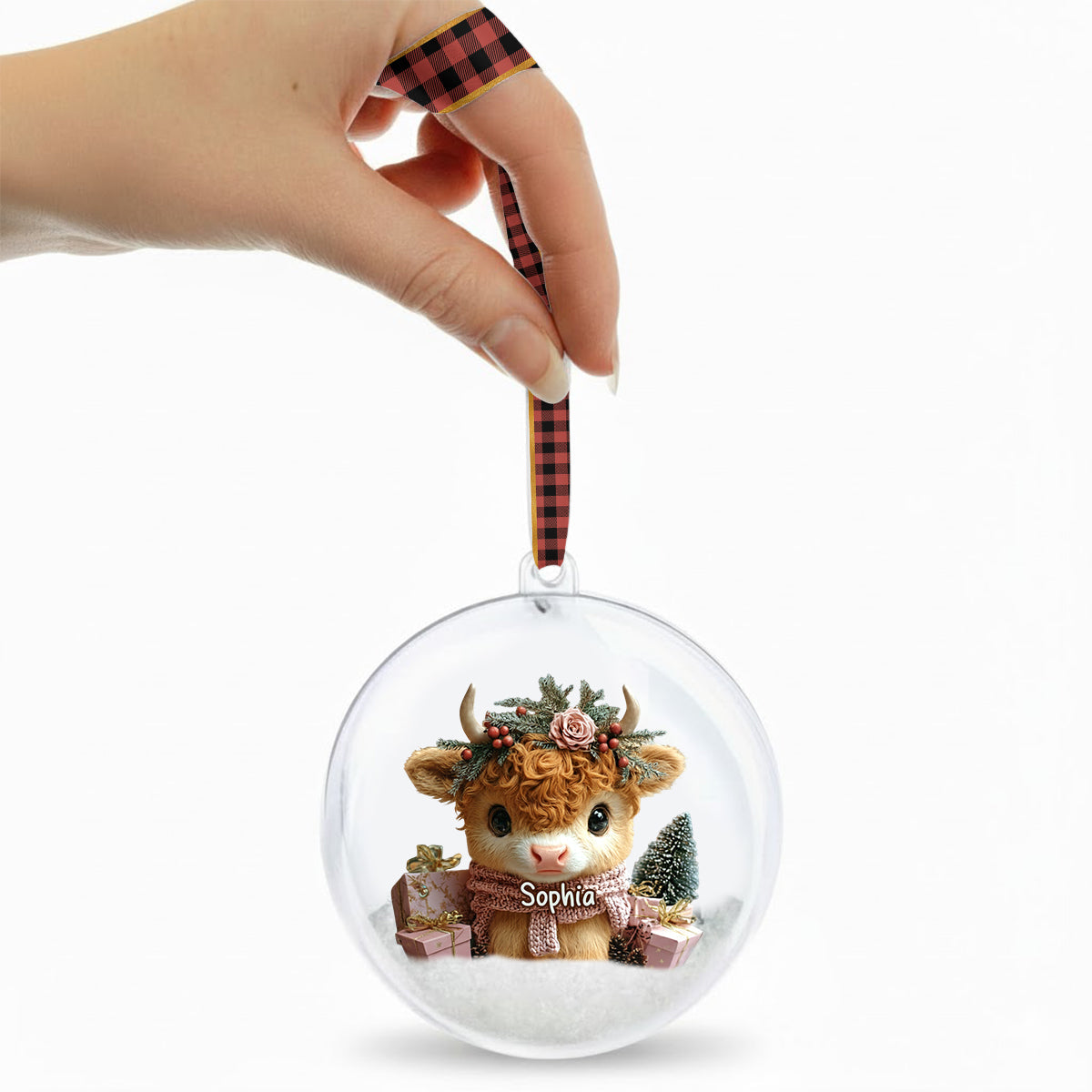 Highland Cow Christmas - Personalized Highland Cow Snow Globe Ornament With Bow