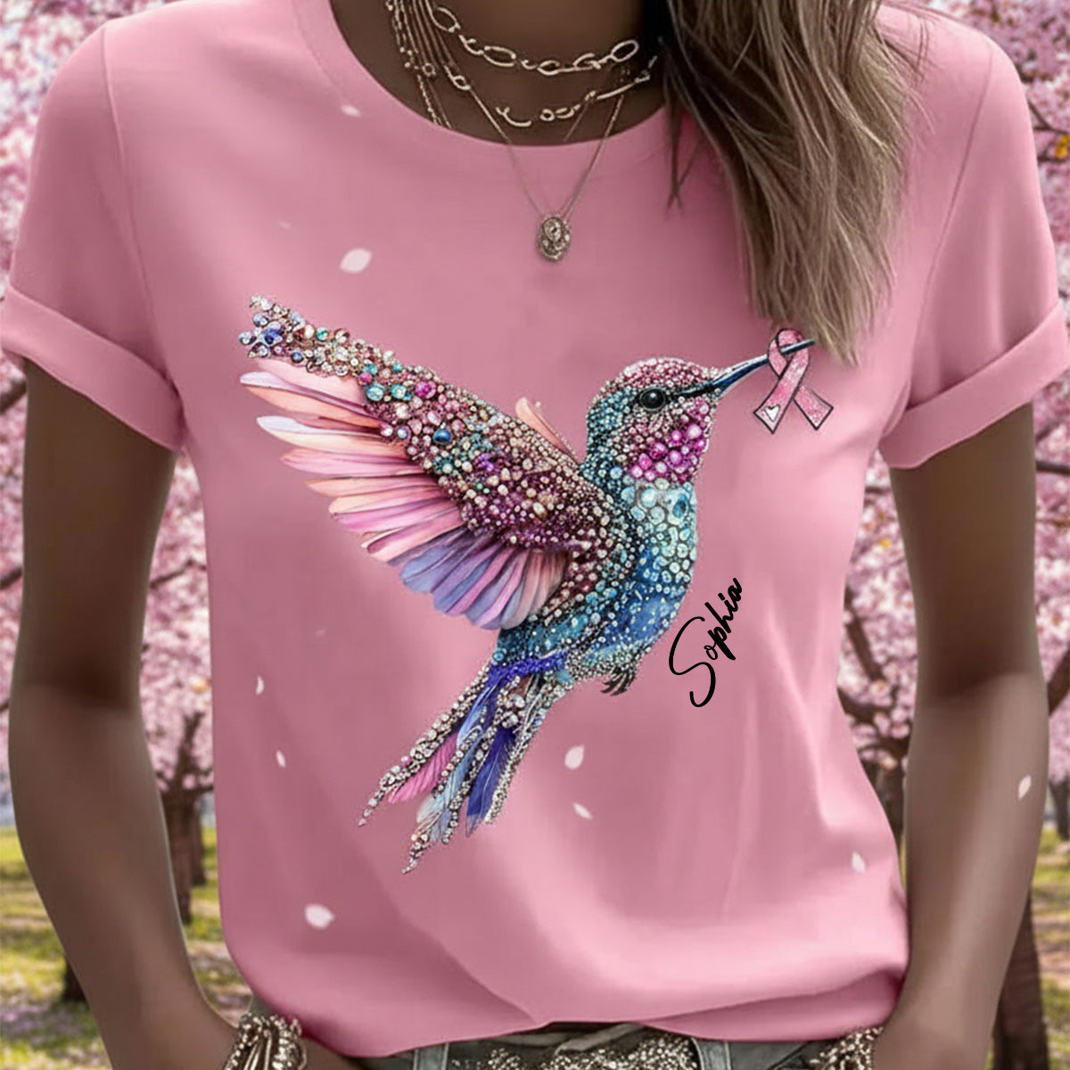 Crystal Hummingbird Pink Ribbon - Personalized Breast Cancer Awareness T-shirt And Hoodie