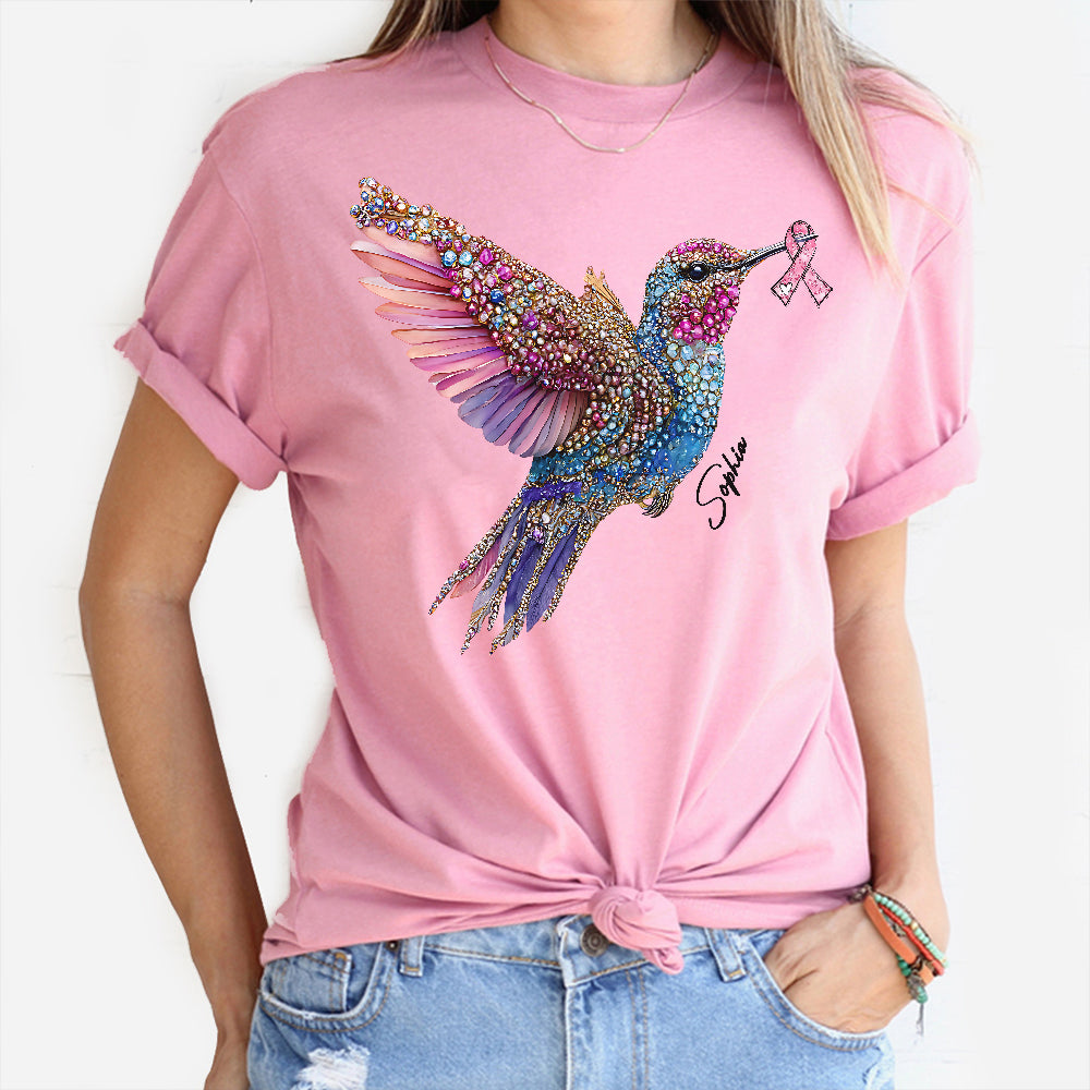 Crystal Hummingbird Pink Ribbon - Personalized Breast Cancer Awareness T-shirt And Hoodie