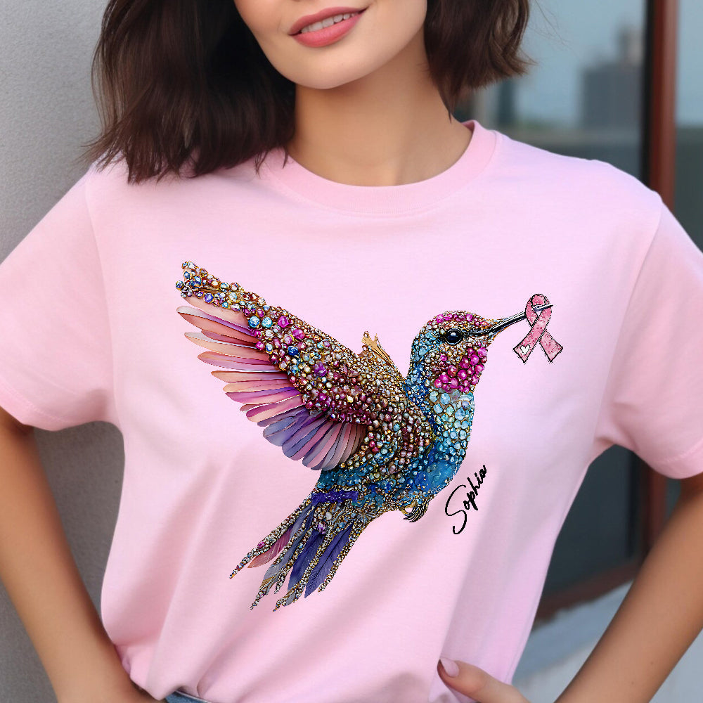 Crystal Hummingbird Pink Ribbon - Personalized Breast Cancer Awareness T-shirt And Hoodie
