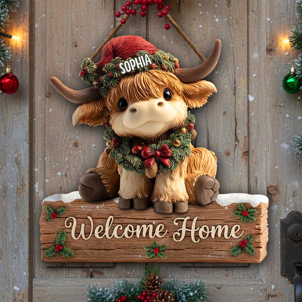 Welcome Home - Personalized Highland Cow Custom Shaped Wood Sign