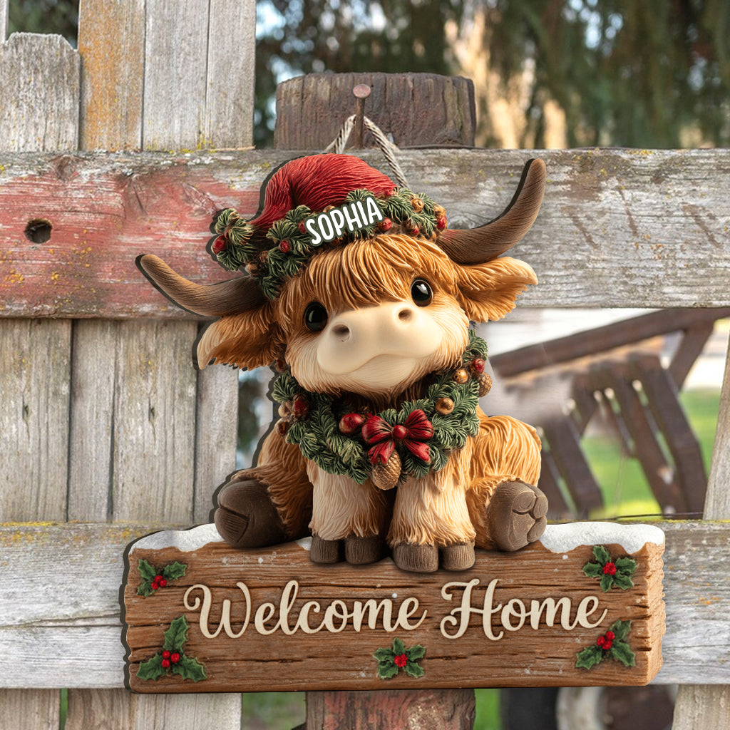 Welcome Home - Personalized Highland Cow Custom Shaped Wood Sign