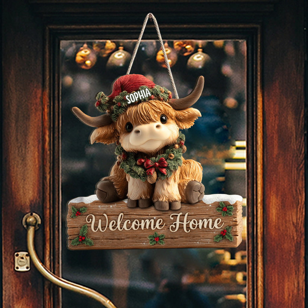 Welcome Home - Personalized Highland Cow Custom Shaped Wood Sign