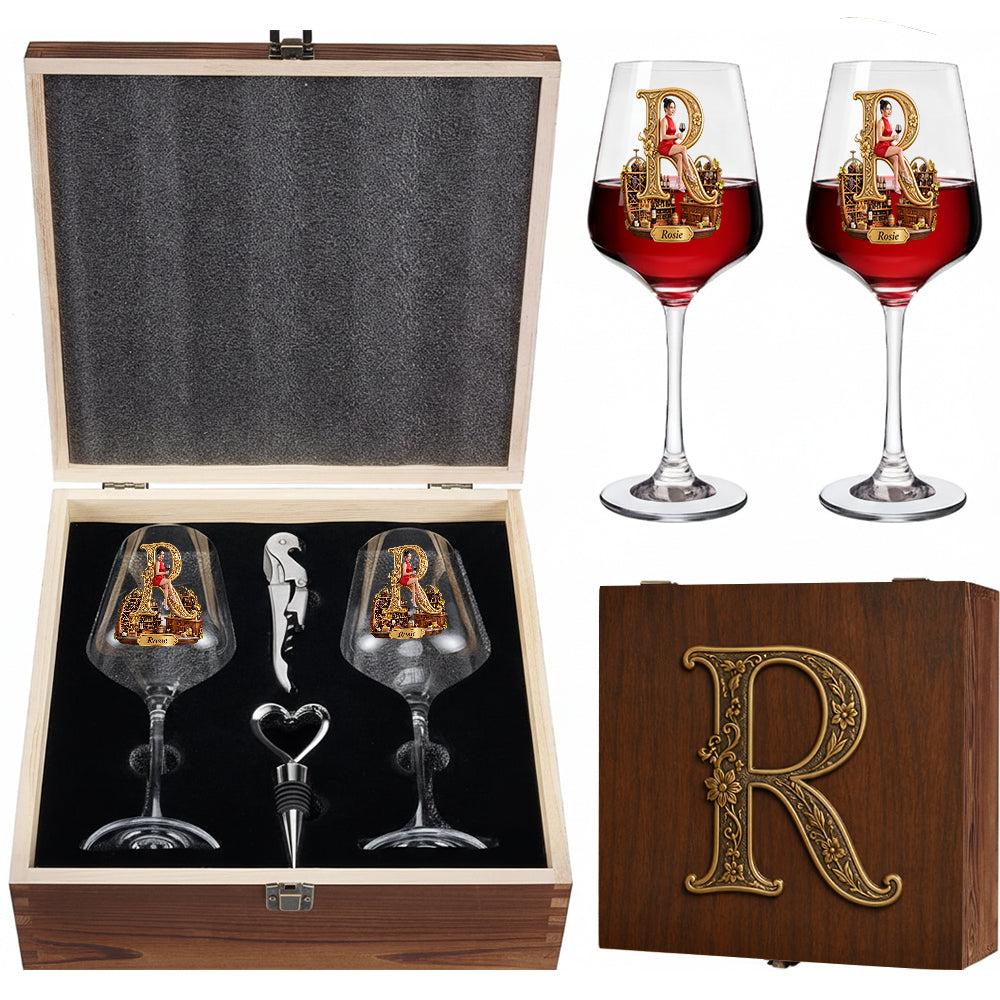 Alphabet Initial For Wine Lovers - Personalized Wine Glasses Set With Wooden Box