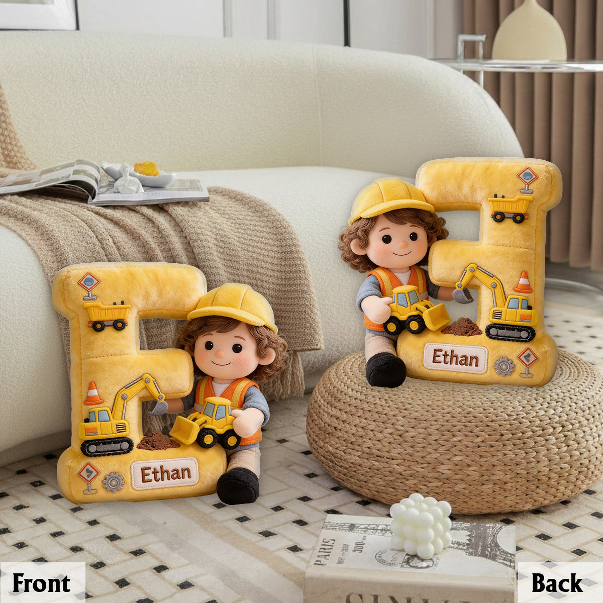 Bau Alphabet Buchstabe & Individuelles Foto - Personalisierte Premium Kunstfell Kissen für Kinder
