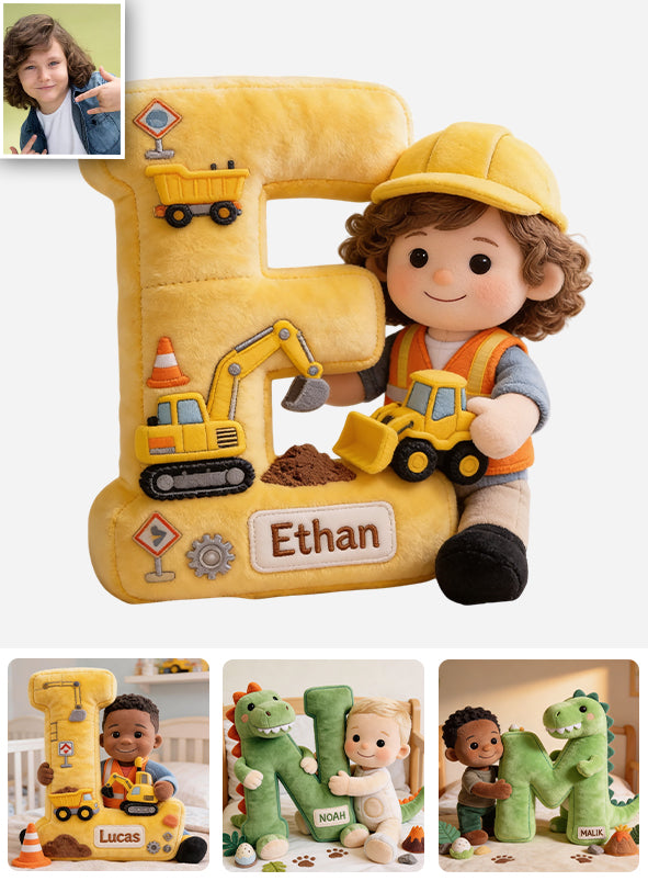 Bau Alphabet Buchstabe & Individuelles Foto - Personalisierte Premium Kunstfell Kissen für Kinder