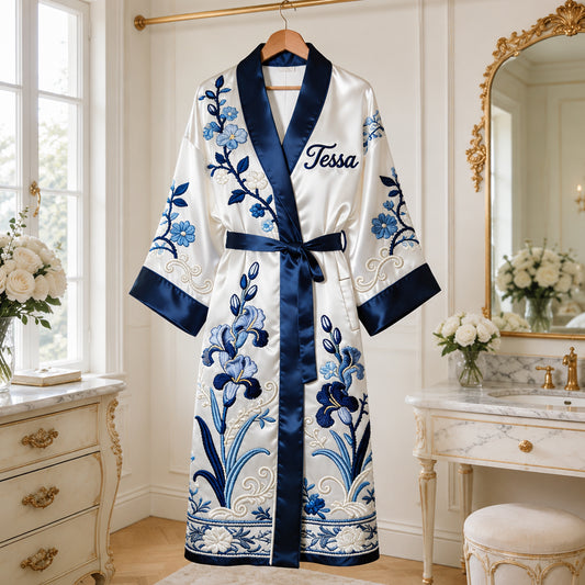 Jede Blume, Geburtsmonat Blume Toile de Jouy Stil - Personalisierte Satinrobe für Selbstliebe