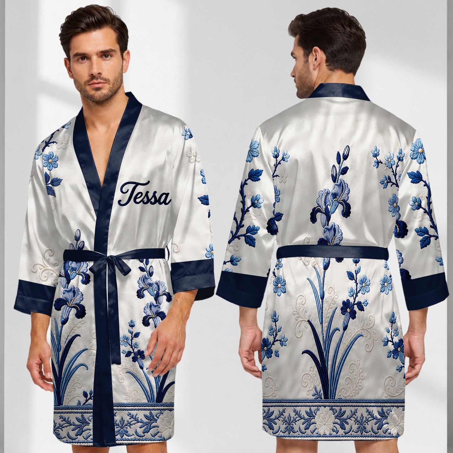 Any Flower, Birth Month Flower Toile de Jouy Style - Personalized Self Love Satin Robe