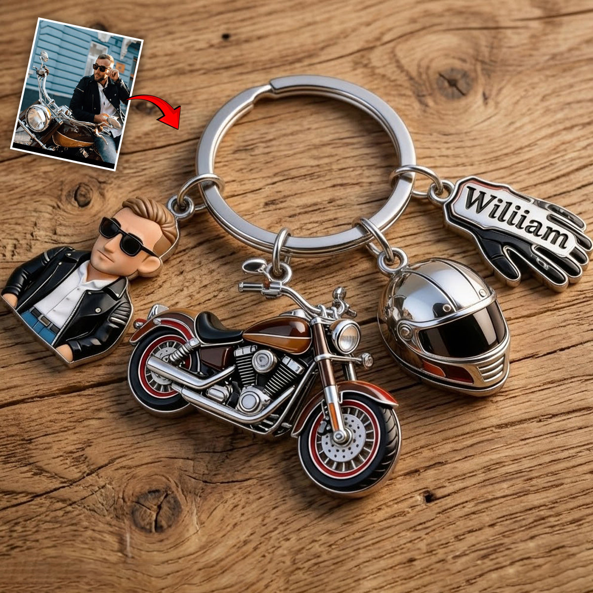 Love Motorcycle - Custom From Photo - Personalized Biker Keychain With Charms