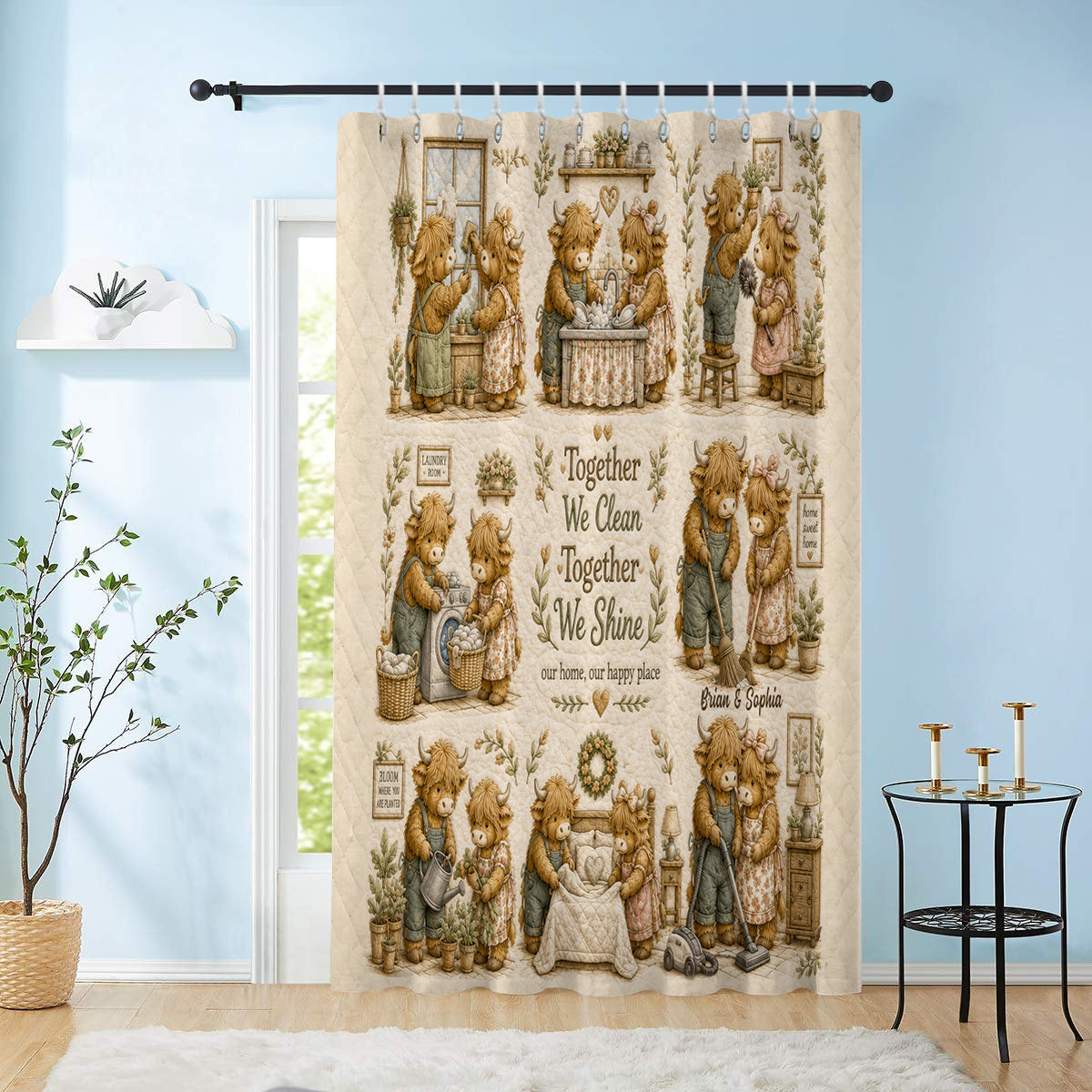 Together We Clean Our Home - Personalized Highland Cow Blackout Window Curtain/ Drapes Set