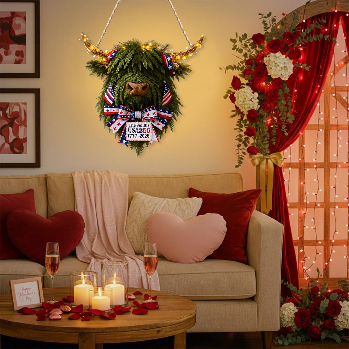 USA 250 Feier - Personalisiertes LED-Licht-Acryl-Schild mit Hochlandrind-Motiv