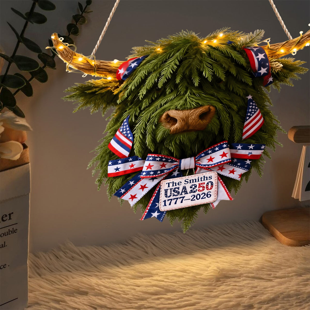USA 250 Feier - Personalisiertes LED-Licht-Acryl-Schild mit Hochlandrind-Motiv