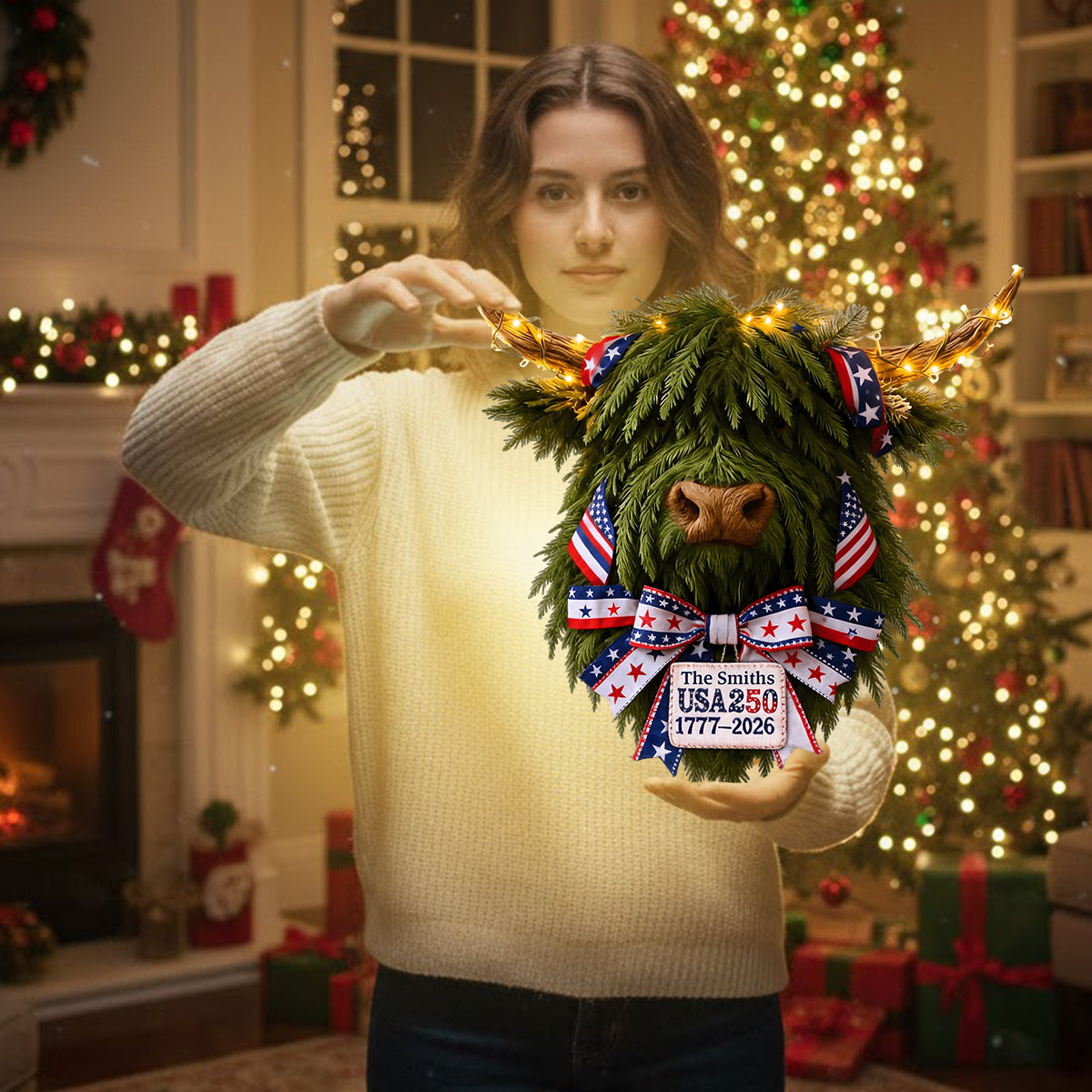 USA 250 Feier - Personalisiertes LED-Licht-Acryl-Schild mit Hochlandrind-Motiv