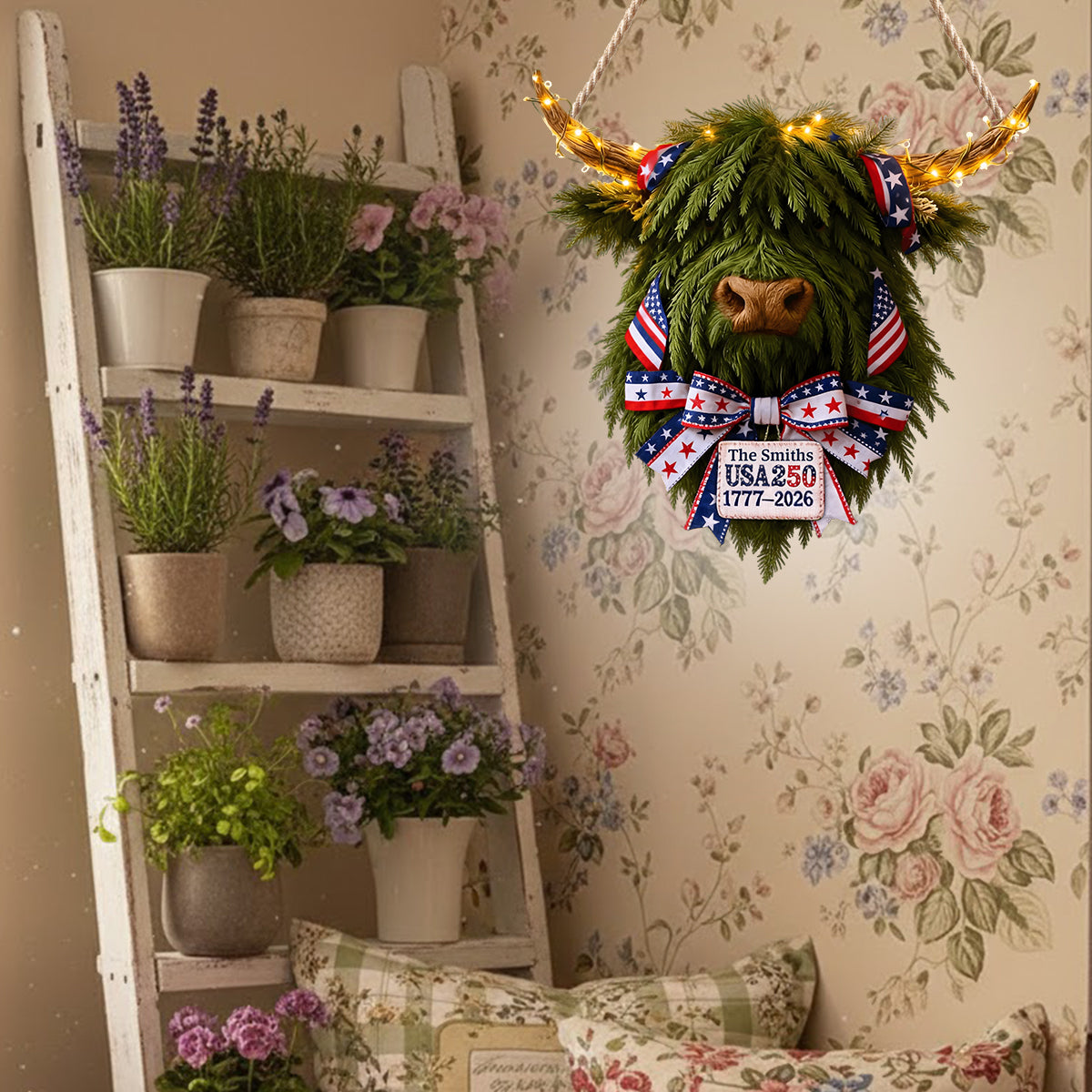 USA 250 Feier - Personalisiertes LED-Licht-Acryl-Schild mit Hochlandrind-Motiv