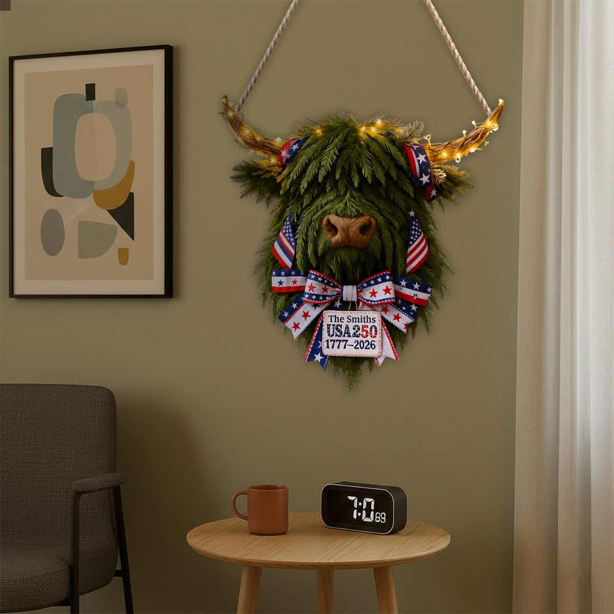 USA 250 Feier - Personalisiertes LED-Licht-Acryl-Schild mit Hochlandrind-Motiv
