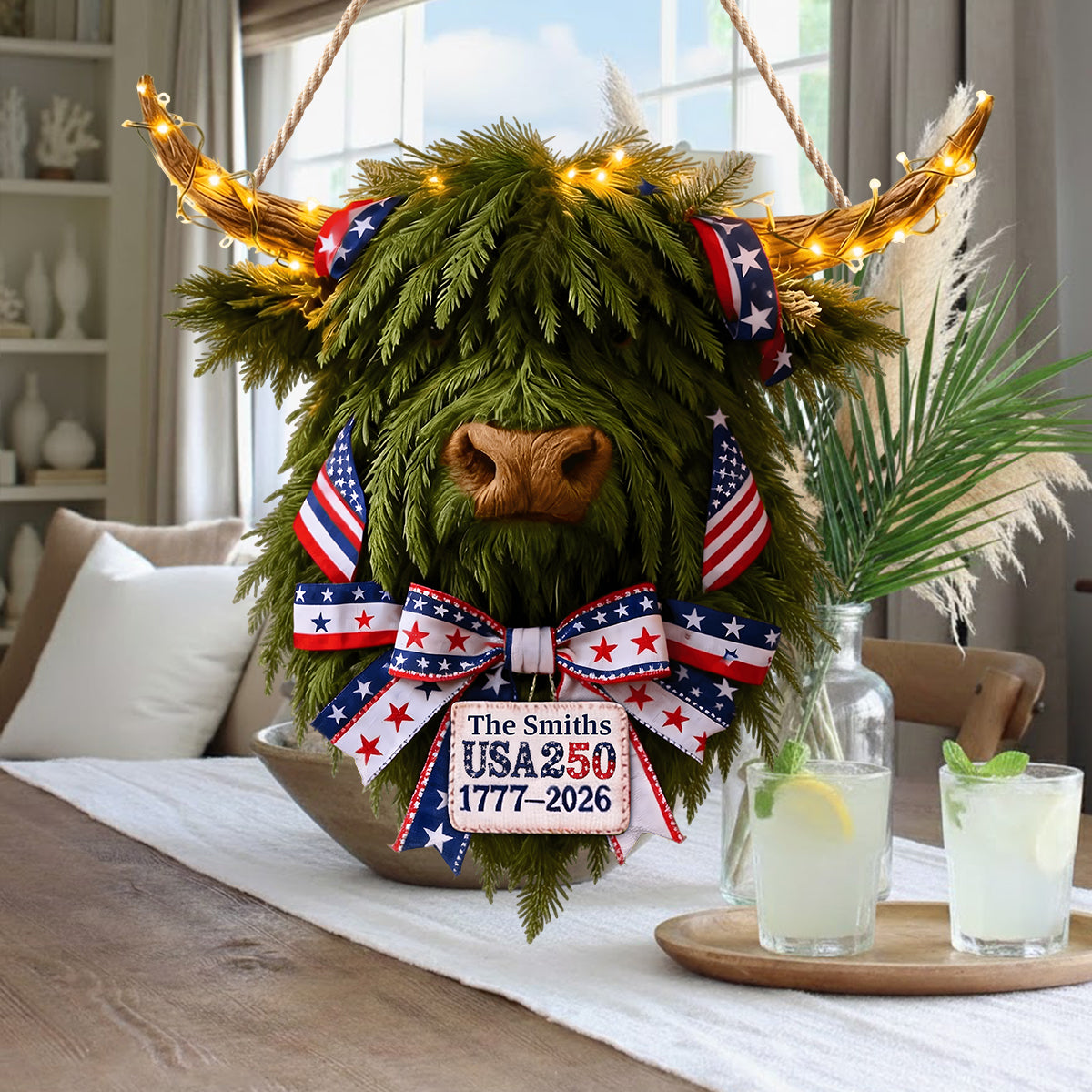 USA 250 Feier - Personalisiertes LED-Licht-Acryl-Schild mit Hochlandrind-Motiv