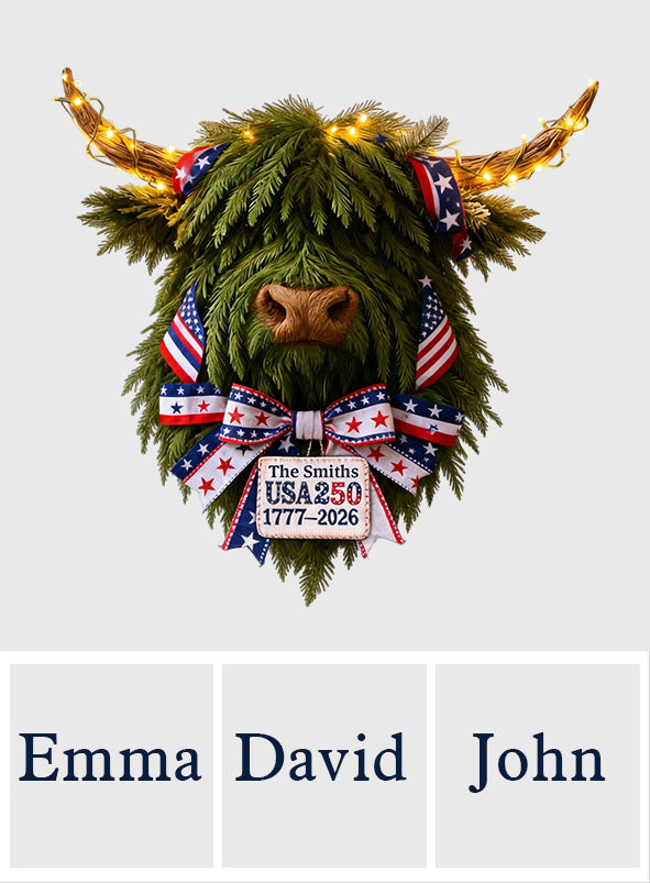 USA 250 Feier - Personalisiertes LED-Licht-Acryl-Schild mit Hochlandrind-Motiv