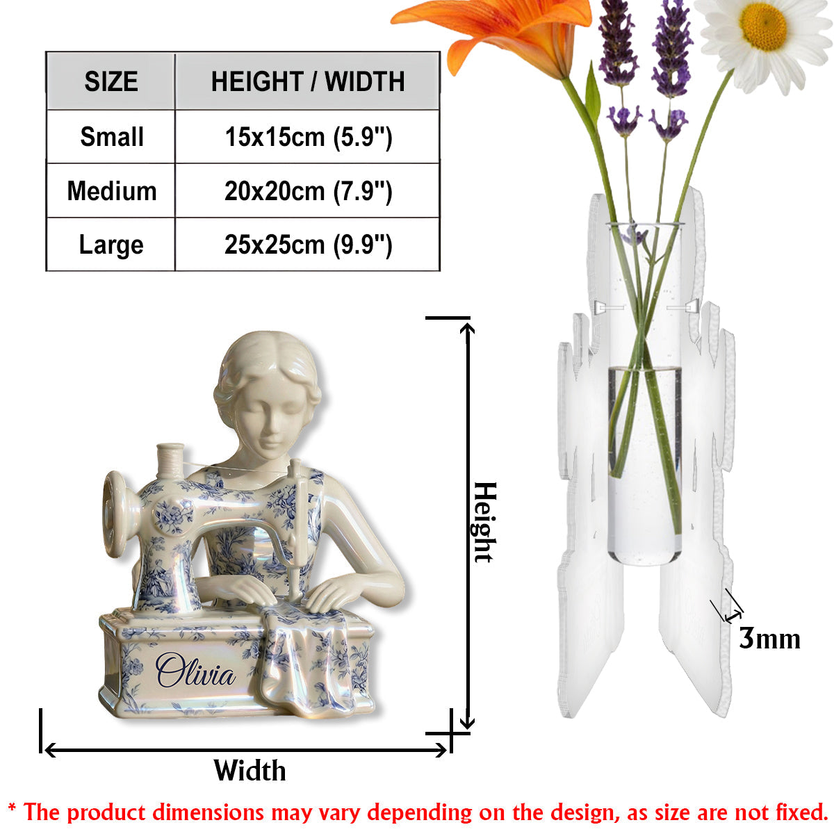 Toile-de-Jouy-Motiv: Vintage-Näherin – personalisierte Acryl-Blumenvase in individueller Form